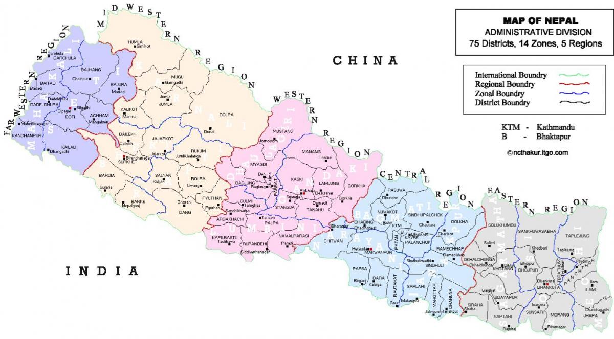 Непал политическа карта с кварталите